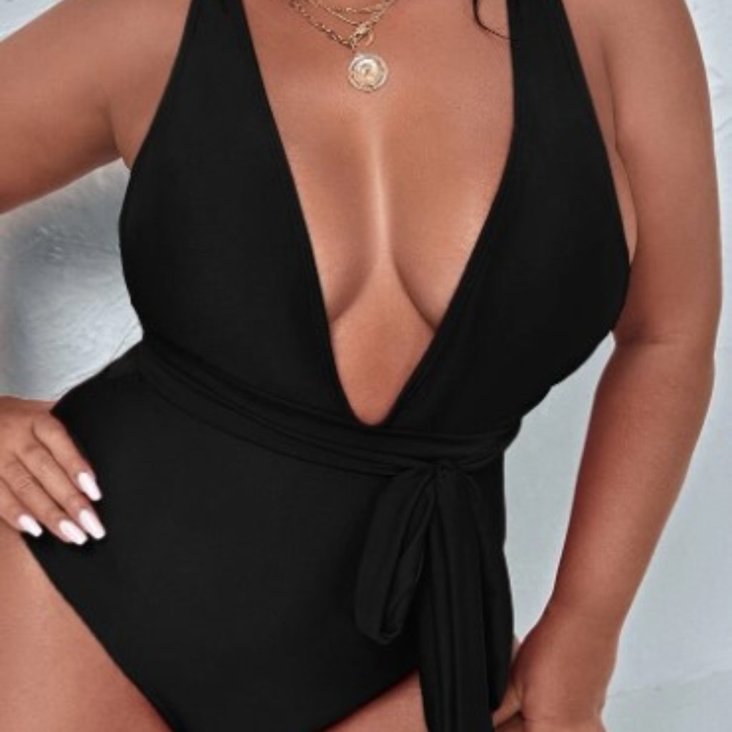 Shein Plus Knot Front Plunging One Piece Swimsuit - Black 2xl